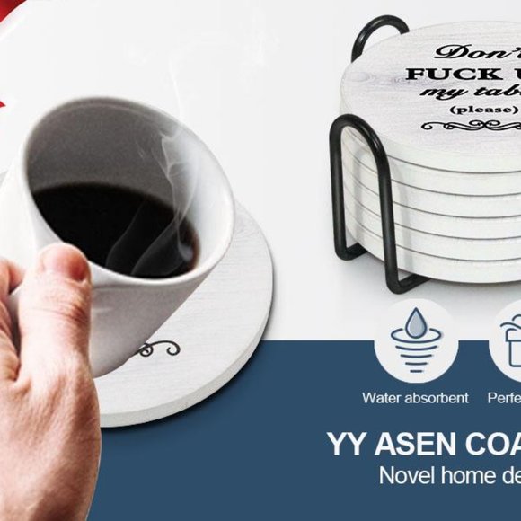 Coasters for Drinks Set of 6 with Holder（Black text style） - Picture 4 of 6